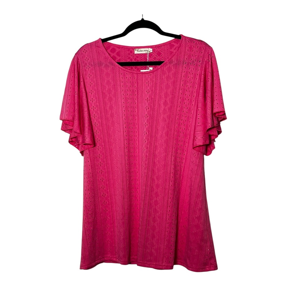 Southern Stitch Womens Pink Eyelet Flutter Sleeve Pointelle Blouse Large NEW